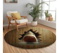 Mur De Bois Géométrique Requin Tapis Rond Salon 160 cm Réaliste Lavable Antidérapant Tapis, Brun Imprimé Moquette Rond Convient pour la Chambre la Salle à Manger et Le Bureau