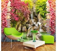 Mur De Briques Cascade Fleurs Roses Oiseaux En Vol Papier Peint 3D Installation Facile Intissé Tapisserie Bureau Salon Canapé Chambre Décoration Murale-200cm×140cm