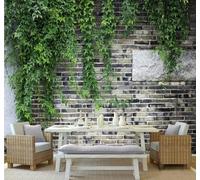 Mur De Briques Grises Feuilles Vertes Fraîches Et Vignes Papier Peint 3D Installation Facile Intissé Tapisserie Bureau Salon Canapé Chambre Décoration Murale-350cm×256cm