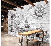 Mur De Briques Rétro Phare Voilier Oiseaux En Vol Papier Peint 3D Installation Facile Intissé Tapisserie Bureau Salon Canapé Chambre Décoration Murale-300cm×210cm