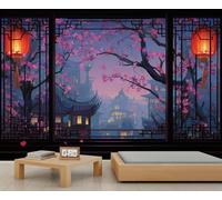 Mur de fenêtre aux fleurs de cerisier orientales, lanternes rouges & vieille ville, décoration murale traditionnelle pour salle à manger et salle de travail 300x210cm (Non autocollant)