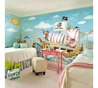 Mur de fond de chambre enfants grand dessin animé, bateau de pirate 3D de la Méditerranée, peinture murale transparente garçon chambre de papier peint, 300 × 210cm