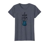 Mur des Amateurs de Musique Keep Calm and Rock on Guitar T-Shirt, Femme, Bleu Chiné, M