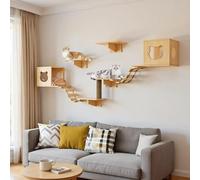 Mur d'escalade pour chat - 9 pièces - Grand pont suspendu - 2 maisons pour chat - Étagère murale de repos et de jeu - Meuble pour chats de petite et moyenne taille