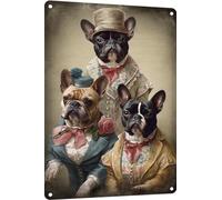 Mur Étain Panneau Bouledogues Français Drôles Trois Sœurs Art Animal Noël Tin Signs Vintage Metal Sign Rétro Affiche pour Chambre Restaurant Maison S