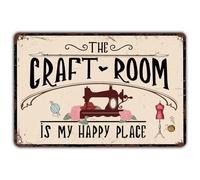Mur Étain Panneau La Salle D'Artisanat Est Mon Endroit Heureux Peinture De Couture Amusante Métal Étain Signe Drôle Metal Sign Décorative Tin Signs pour Café Cuisine Garage 20X30CM