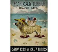 Mur Étain Panneau Norfolk Terrier Dog Life Sandy Toes Salty Kisses, Rétro Fun Art Rustic Farmhouse Métal Étain Signe Rétro Metal Sign Unique Tin Signs Pour Chambre Maison Restaurant M