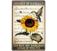 Mur Étain Panneau Partition Vintage « What If I Fall » Avec Colibri Et Tournesol, Style Rétro Métal Étain Signe Unique Metal Sign Décorative Tin Signs Pour Salle De Bain Restaurant Garage M