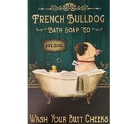 Mur Étain Panneau Savon De Bain Rétro Bouledogue Français Vintage Metal Sign Décorative Tin Signs Rétro Affiche pour Salle De Bain Restaurant Chambre S
