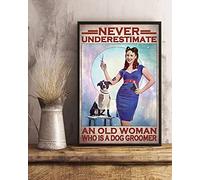 Mur Étain Panneau Toiletteur: Ne Sous-Estimez Jamais Une Vieille Dame Qui Est Un Chien Tin Signs Rétro Affiche Décorative Métal Étain Signe Pour Restaurant Garage Salle De Bain M