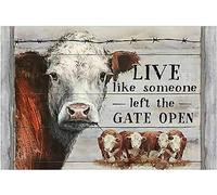 Mur Étain Panneau Vache Hereford Style Rétro, Vivez Comme Si Quelqu'Un Avait Laissé La Porte Ouverte Affiche Vintage Tin Signs Drôle Metal Sign Pour Garage Cuisine Restaurant 20X30CM