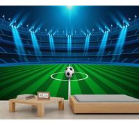 Mur mural de terrain de football avec éclairage bleu dramatique - Papier peint de scène d'arène sportive éclairée pour mur d'accent du salon 150x105cm (Non autocollant)