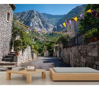 Mur mural de village européen rustique, architecture en pierre et vue sur montagne, décoration artistique pour la transformation de l'espace de vie 300x210cm (Non autocollant)