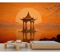 Mur mural Pagoda & Mountain Sunset, Décor inspiré du Zen, Parfait pour un mur d'accent dans un bureau à domicile ou un espace de méditation 300x210cm (Non autocollant)