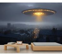 Mur Mystérieux, Navire Extraterrestre au-dessus d'un Paysage Urbain, Art Murale Atmospérique pour Salon et Salle de Jeux 300x210cm (Non autocollant)