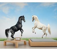 Mur peel-and-stick contrastant avec des poneys noirs et blancs - Papier peint auto-adhésif élégant à motif équestre pour murs d'accent 250x195cm (Non autocollant)