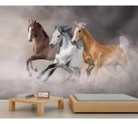 Mur peel-and-stick dynamique avec troupeau de chevaux multicolores - Papier peint autoadhésif au style cow-boy pour murs d'accent 150x105cm (Non autocollant)