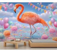 Mur peint en forme de Flamingo dans le Royaume de la Bonbonnière, Décor Fantastique Coloré pour Chambre d'Enfant & Jouer, Grand Papier Peint Amovible 250x175cm (Non autocollant)