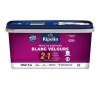 RIPOLIN - Peinture mur et plafond intérieur, 2en1 Blanc Velours 2,5L, Sans Sous-couche, Application Facile, Haut Pouvoir Couvrant, Séchage Rapide, Finition Veloutée, Idéale Pièces Sèches Et Humides