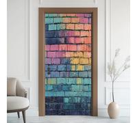 Mur Style Grunge Effet 3D Sticker Porte, Brique Graffiti Papier Autocollant Porte Mural Décoration, Pop Art Stickers Muraux Amovible PVC 77x200 cm