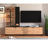 Mur TV avec 4 portes et 3 étagères - Naturel et Noir - NUJA