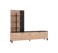 Mur TV avec 4 portes et 3 étagères - Naturel et Noir - NUJA
