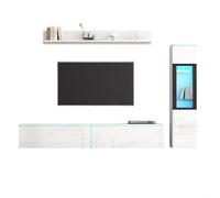 Mur TV design 3 éléments LED blanc laqué: meuble TV, vitrine de salon, étagère suspendue