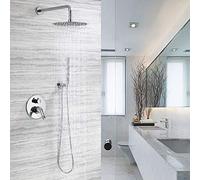 Mural caché Moderne Ensemble Douche Salle Bain Fonction en métal Argent brossé 10 Pouces Haut de Bombe Rond