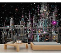 Mural de Métropole Cyberpunk Éclairé par les néons, Décor mural technologique futuriste, Parfait pour une salle de jeu et un mur d'accent inspiré par la technologie 300x210cm (Non autocollant)