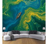 Mural Papier Peint Mer Abstraite Et Petit Bateau Papier Murale Vue Aérienne De La Mer Papiers Peints Panoramique pour Salle de séjour Chambre à coucher séjour Décoration, 250x175cm, Bleu-Vert