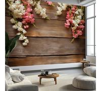 Mural Personnalisé 3D Texture Florale Sur Un Mur en Bois Papier Peint, Papier Peint Panoramique Style Rustique pour Salon Chambre d'enfants Restaurant Décoration Murale 350 x 256 cm