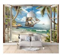 Mural Photo Self-adhesive Wallpaper Sailboat with scenery outside the beach window 100x70cm 3D Bedroom Wall Sticker Art Poster Picture