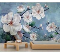 Murale 3D en Relief de Magnolia Blanc Élégant - Grand Papier Peint Auto-Adhésif pour Décoration Intérieure, Arrière-Plan Canapé Chambre à Coucher 250x175cm (Non autocollant)