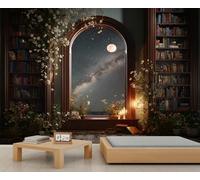 Murale de fenêtre et bibliothèque de la Voie lactée, Décor littéraire fantaisiste pour salon et chambre, Grand papier peint amovible 250x175cm (Non autocollant)