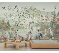 Murale de forêt tropicale Pastel avec colibris et grues - Papier peint auto-adhésif à thème naturel pour la décoration intérieure, grand format 280x200cm (Non autocollant)