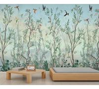 Murale de mur en aquarelle de forêt d'oiseaux, papier peint amovible, art mural facile à installer pour la salle de séjour et la chambre à coucher avec verdure et colibris 280x200cm (Non autocollant)