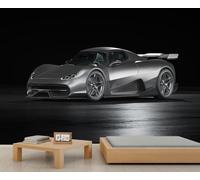 Murale de mur en studio sombre d'une Hypercar Silver Sleek - Papier peint de décoration de luxe style industriel pour chambre à coucher et salon 250x175cm (Non autocollant)