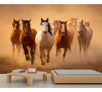 Murale Dynamique Brun & Blanc avec Dessein de Cheval et Bandeau Collant - Papier Peint Auto-Adhésif Style Cowboy pour Mur Accent 400x280cm (Non autocollant)