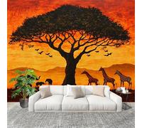 Murale Papier Peint 400x280cm Silhouettes D'Animaux Au Coucher Du Soleil Africain Papier Peint Intissé Résistant à la décoloration Orange-Rouge Moderne Salon Chambre Panoramique Decoration Fresque