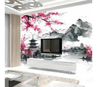 Murale Photo Papier Peint 250 x 175 cm Intissé Tableaux Poster Mural Tapisserie Temple Sakura Au Japon Papier Peint Panoramique Gris Salon Maison Décorative Tenture Appartement