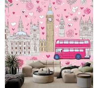 Murale Photo Papier Peint 350 x 256 cm Bus De Londres De Dessin Animé Fleurs Intissé Tableaux Poster Murale,Thème Romantique Papier Peint Panoramique Salon Maison Décorative Tenture Appartement