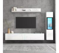 Murale TV 3 Pièces, 180 * 33 * 30cm, Éclairage LED Blanc Brillant Banc TV Ensemble De Meubles De Salon Unité Murale Avant Blanc 1 X Meuble TV, 1 X Vitrine De Salon, 1 X Étagère Suspendue