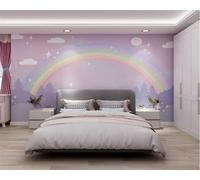 Murales Amovible Peinture Murale Dessin animé violet nuages arc-en-ciel papier peint mural, 400 * 280cm Poster Geant Mural 3D pour Salon Chambre Décoration Murale