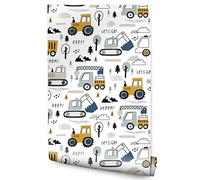Muralo Papier peint non tissé pour garçons, camion, pelleteuse, grues, tracteur, transport, arbres, nuages, montagnes, ciel, style scandinave, 1000 x 53 cm, pour chambre d'enfant, salle de jeux