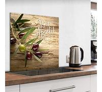 murando - Crédence Verre Cuisine 80x80 cm - Plaque Anti-Projection - Couvercle Anti-éclaboussures crédence - Revêtement Carreaux - Plaque en Verre trempé - Légumes Olives Bon Apetit j-B-0066-aq-a