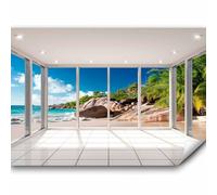 murando - Papier Peint Panoramique Adhésif Paysage 343x256 cm - Murale Autocollante - Bleu marron jaune gris - Architecture mer nature palmiers paysage plantes vue depuis la fenêtre c-C-0068-a-a