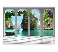 murando - Papier peint panoramique moderne 300x210 cm - Revêtement mural décoration pour chambre salon - Design unique et moderne - Vert blanc - Colonnes mer nature paysage eau 10110903-13