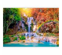 murando - Papier peint panoramique paysage 400x280 cm - Revêtement mural décoration salon - Design moderne - Bleu gris beige - Asie arbres pierre nature paysage rivière eau cascade c-B-0126-a-a