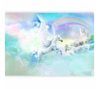 murando - Papier peint PREMIUM 300x210 cm - Revêtement mural chambre salon - Décoration murale design moderne - Licorne magique blanche - Arc-en-ciel château féerique a-A-10322-a-b