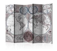 murando - Paravent à Deux côtés 225x172 cm - Séparateur de pièce en Bois Naturel avec Toile imprimée Pliable - Continents colorés Cartes Inscriptions en français rétro Monde Vintage k-B-0031-z-c